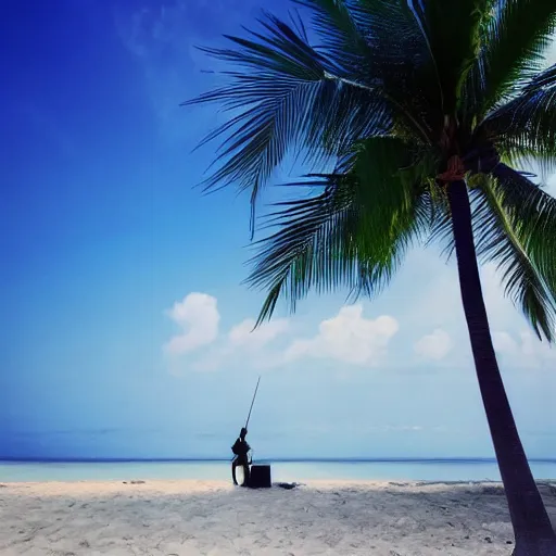 Prompt: violinist on the beach white sand blue sky tropical palm trees wallpaper 8 k instagram photography travel viral by annie leibovitz