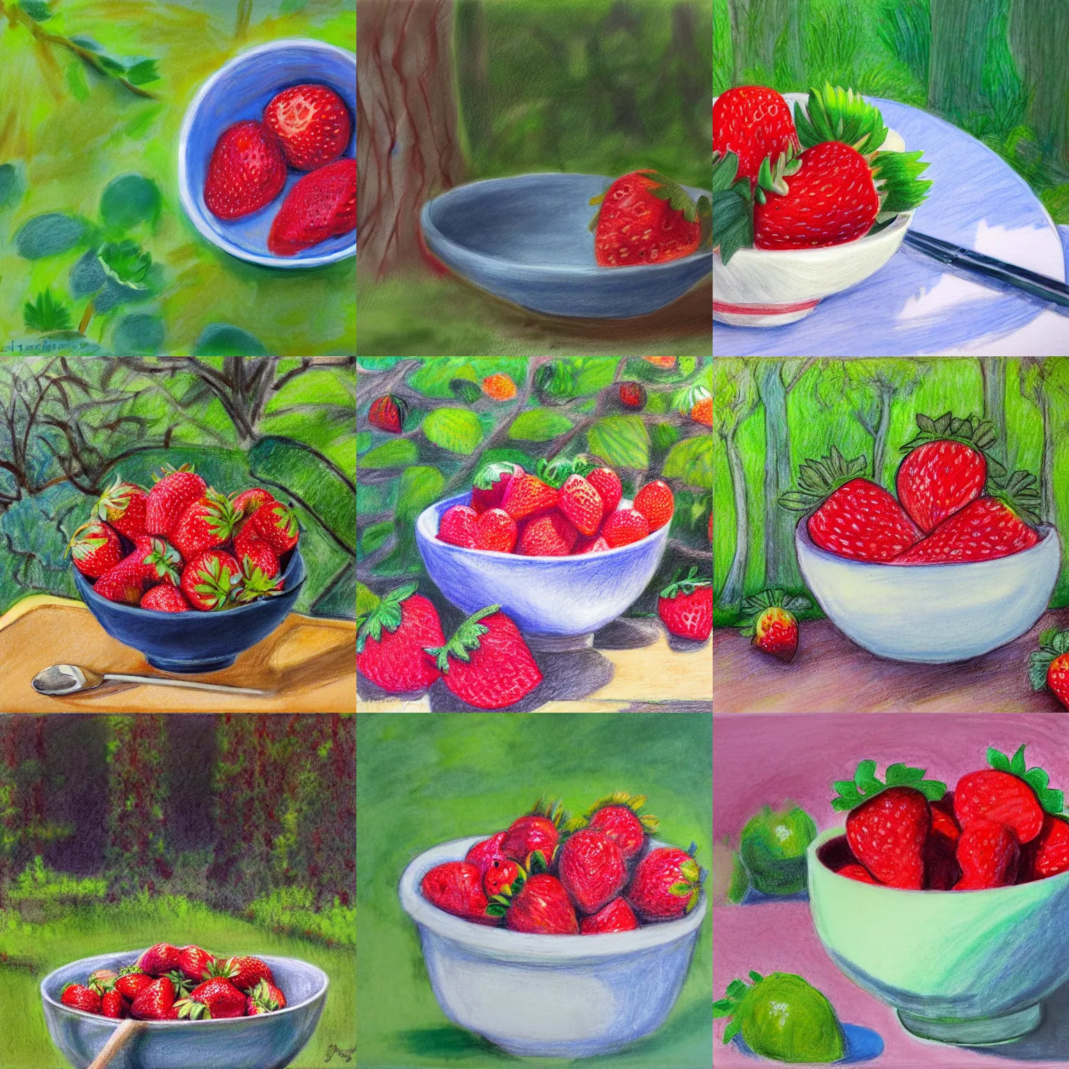 Prompt: a bowl of strawberries outside in the forest, bright, lush, pastel, graphite, painting