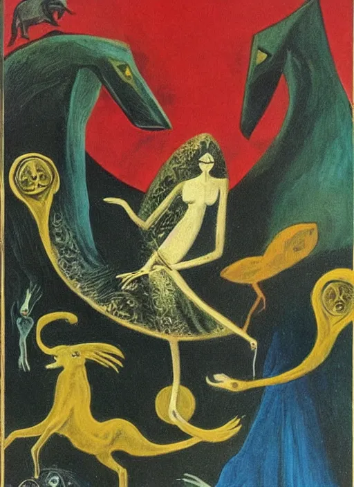 Prompt: tarot card by leonora carrington and max ernst, in the style of a 6 0's ad illustration, flat style : :