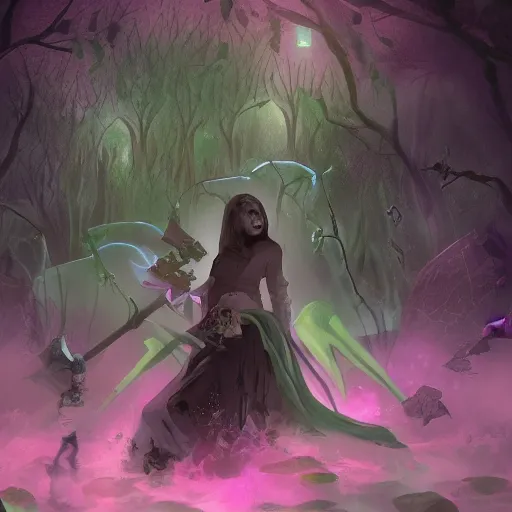 Image similar to a female necromancer is summoning her undead army in a forest, her hand emit a green vapour, dynamic pose, chromatic aberration , medium level shot, Grim fantasy, illustration ,digital painter, concept art,