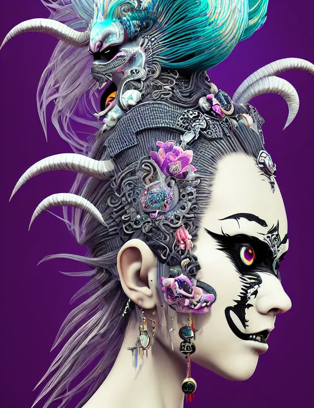 Image similar to 3 d photo realistic goddess close - up profile portrait punk with mohawk with ram skull. beautiful intricately detailed japanese crow kitsune mask and clasical japanese kimono. betta fish, jellyfish phoenix, bio luminescent, plasma, ice, water, wind, creature, artwork by tooth wu and wlop and beeple and greg rutkowski