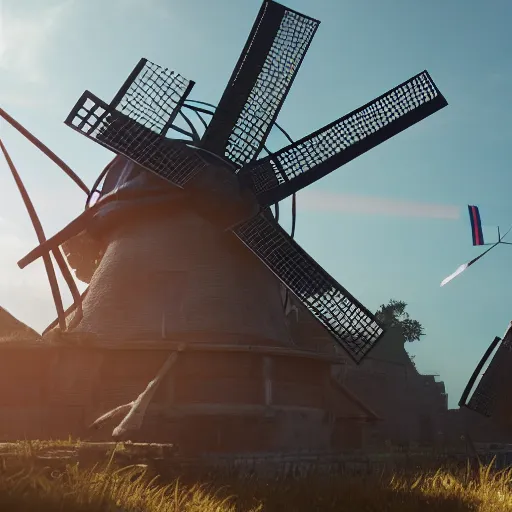 Image similar to dutch gundam as dutch windmill in gears of war, netherlands, dutch flag, splash art, movie still, cinematic lighting, ray tracing, octane render, long lens, shallow depth of field, bokeh, anamorphic lens flare, 8 k, hyper detailed, 3 5 mm film grain