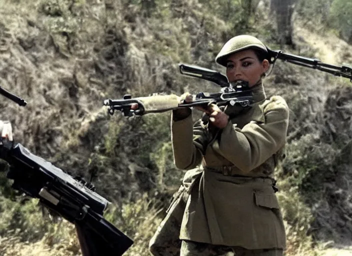 Prompt: a film still of kim kardashian as a soldier firing a rifle over a trench, open neckline. backround : warzone