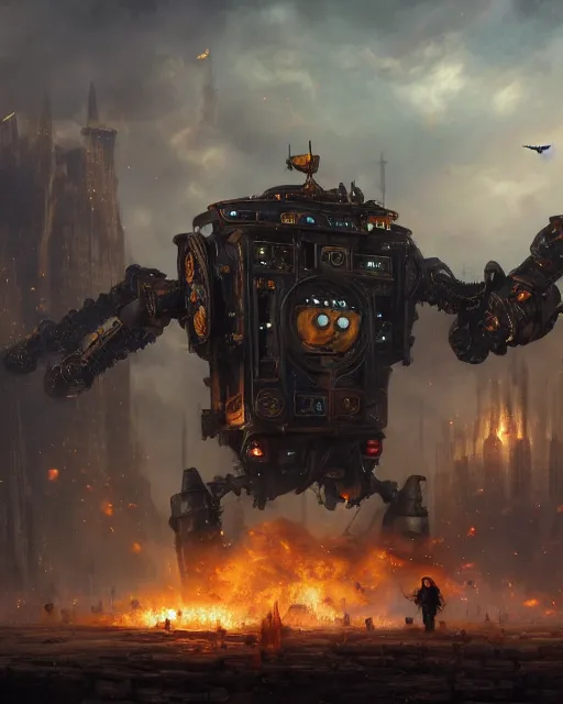 Prompt: oil painting of King Kong Robot attacking, Steampunk, sharp focus, fantasy style, steampunk city background, octane render, volumetric lighting, 8k high definition, by greg rutkowski, highly detailed, trending on art Station, magic the gathering artwork, centered, dramatic artwork, combat scene, fire, explosions