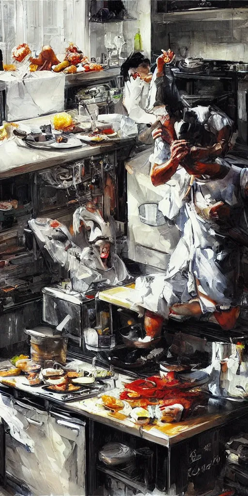 Image similar to oil painting scene from kitchen by kim jung gi