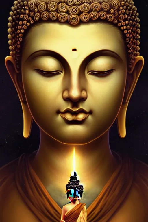 Prompt: buddha closeup filled background around face, fantasy magic, undercut hairstyle, dark light night, intricate, elegant, sharp focus, illustration, highly detailed, digital painting, concept art, matte, art by wlop and artgerm and greg rutkowski and alphonse mucha, masterpiece