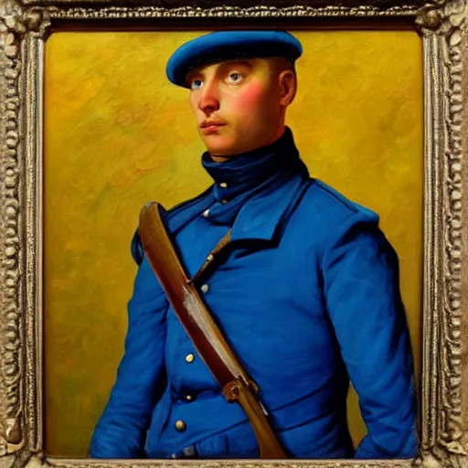 Prompt: an impasto oil painting of a soldier holding a colorful flower painted by caspar david friedrich, blue color scheme