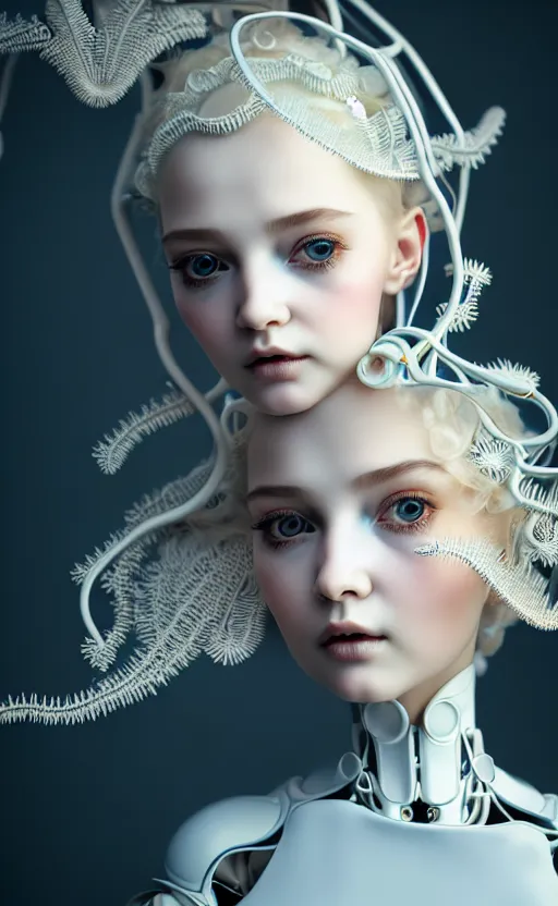 Image similar to intricate hyper detailed ultra sharp 3 d render of a beautiful porcelain doll portrait, medium shot portrait, bright light, alexandre ferra white mecha, cyberpunk mechanical haute couture flagella and fungi, magnolia goliath head ornaments, big embroidered leaves filigree sinuous roots, octane render, volumetric cinematic lighting, yellow, 8 k, vray tracing