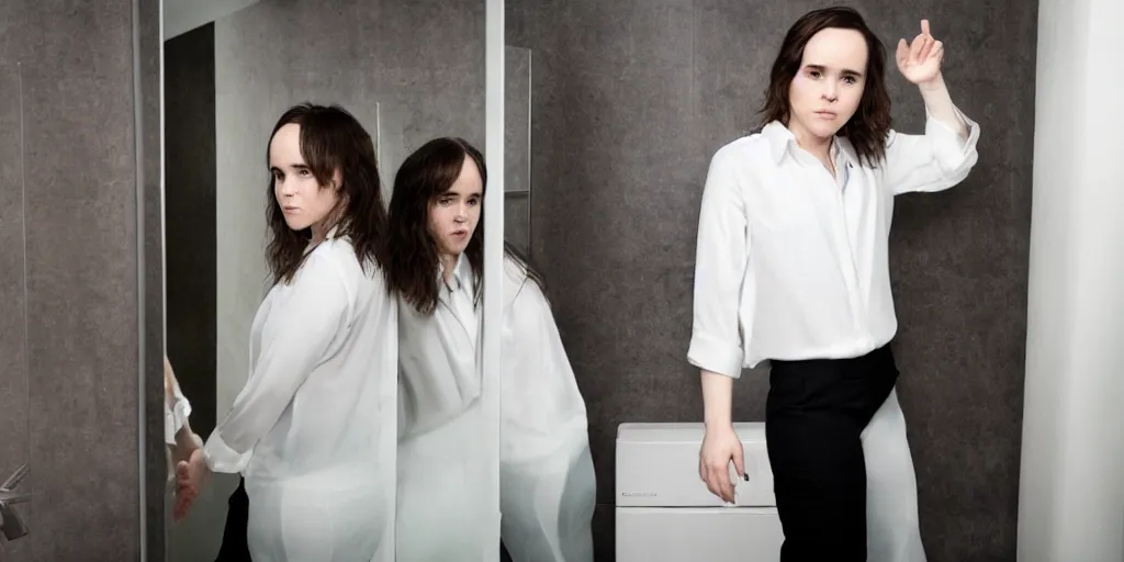 Prompt: ultra wide angle photo of ellen page dressed in a white blouse and black dress pants looks at herself in a bathroom mirror and sees her reflection as a male version of her self