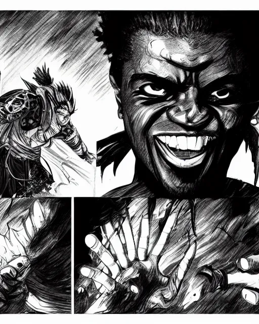 Image similar to a very detailed pencil drawing of kodak black in demon slayer manga panel, action lines, greg rutkowski, in field high resolution, dynamic pose, landscape, medium portrait, action, hyper realistic, manga, koyoharu gotouge, sakuga