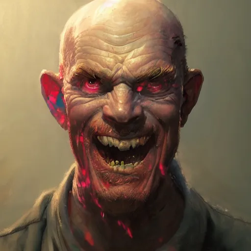 Image similar to portrait of a red bald man with black eyes and a black teeth, horror, glowing eyes, by Stanley Artgerm Lau , greg rutkowski, thomas kindkade, alphonse mucha, loish, norman rockwell. Trending on artstation detailed illustration hd 4k