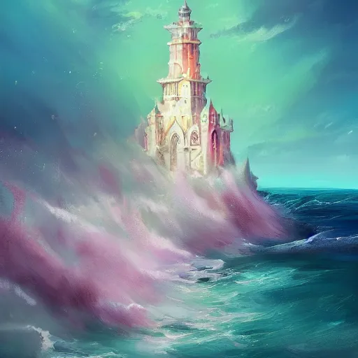 Image similar to a delicate ornate white fantasy tower with pink and green decoration splashes upwards from a turbulent ocean, dramatic lighting, rich colors, beautiful oil painting, artstation