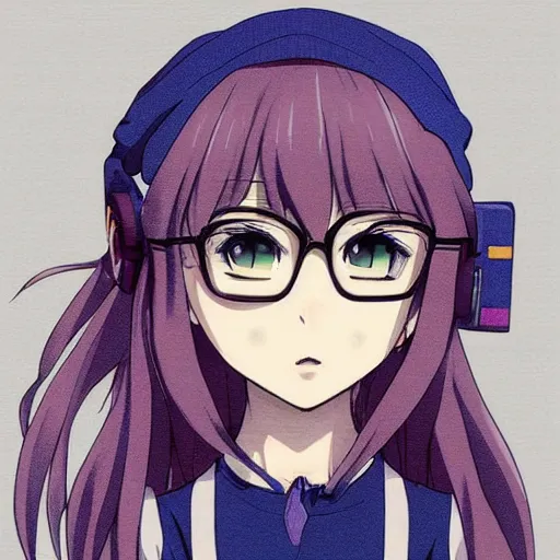 Prompt: Anime Girl. High-Angle shot. 2d Anime Manga drawing. Glasses, cute look. form-fitting conservative knit outfit. Sharp colors, detailed. 2d art. Frustrated facial expression