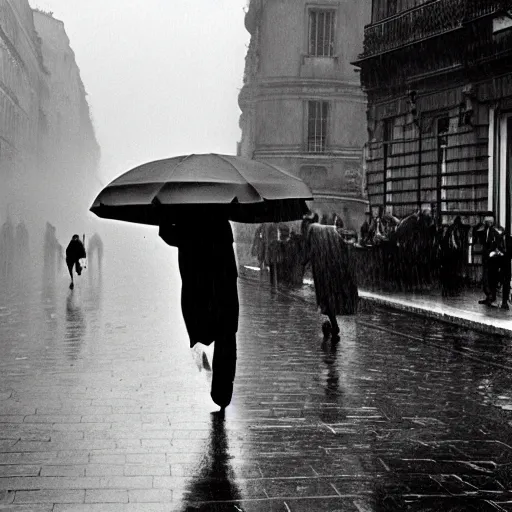 Image similar to the man leaping with an umbrella in a raining paris street, by henri cartier bresson,