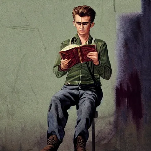 Image similar to a highly detailed epic cinematic concept art CG render digital painting artwork costume design: young James Dean as a well-kept neat anarchist rebel in 1950s USSR green dungarees and big boots, reading a book. By Greg Rutkowski, Ilya Kuvshinov, WLOP, Stanley Artgerm Lau, Ruan Jia and Fenghua Zhong, trending on ArtStation, subtle muted cinematic colors, made in Maya, Blender and Photoshop, octane render, excellent composition, cinematic atmosphere, dynamic dramatic cinematic lighting, aesthetic, very inspirational, arthouse