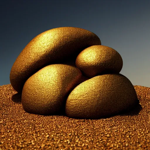 Image similar to a golden rock on top of a pile of normal rocks, octane render, dramatic lighting, beeple