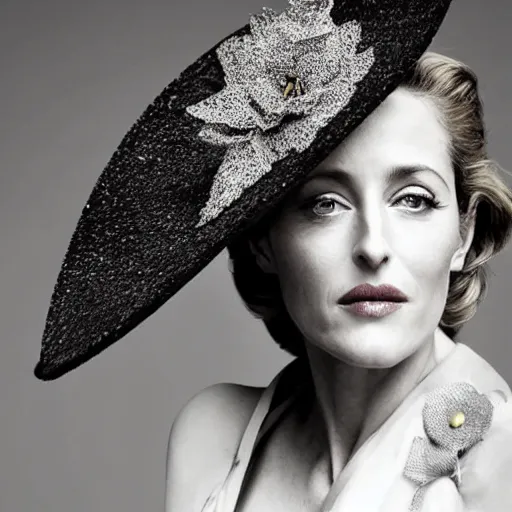 Prompt: photo of a gorgeous Gillian Anderson wearing a 1920s hat by Mario Testino, detailed, head shot, award winning, Sony a7R