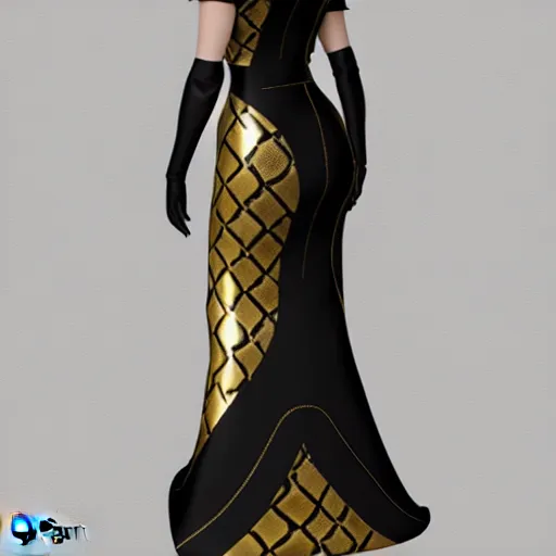 Image similar to curvy feminine hot goth cutie with sublime modest elegant patterned gold-black snakeskin leather neck-high gown, cgsociety, photorealistic, comfy ambience, idealistic, 16k, smooth, sharp focus, trending on ArtStation, volumetric lighting, fully clothed, worksafe