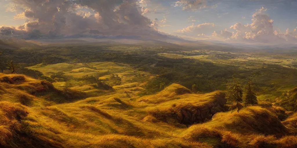 Image similar to a breathtaking landscape from a hilltop, cinematic lighting, detailed oil painting, hyperrealistic, 8k