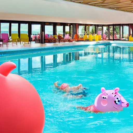 Image similar to a large inflatable float of Peppa Pig in a luxury hotel swimming pool