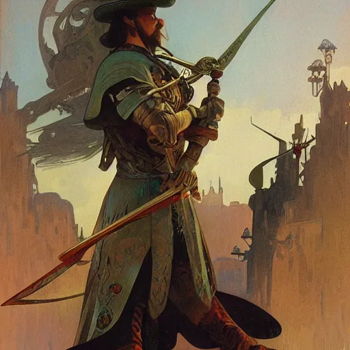 Image similar to An orc noble male musketeer, digital art, Greg rutkowski, Alphonse Mucha, Italian futurism cca 1938