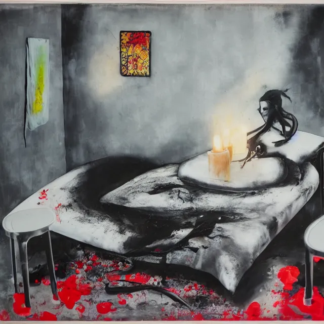 Image similar to bedroom with black walls and a futon, sensual portrait of a woman sleeping, cracked handmade pottery vase, torn paper smouldering smoke, candles, white flowers on the floor, puddle of water, octopus, squashed berries, neo - expressionism, surrealism, acrylic and spray paint and oilstick on canvas