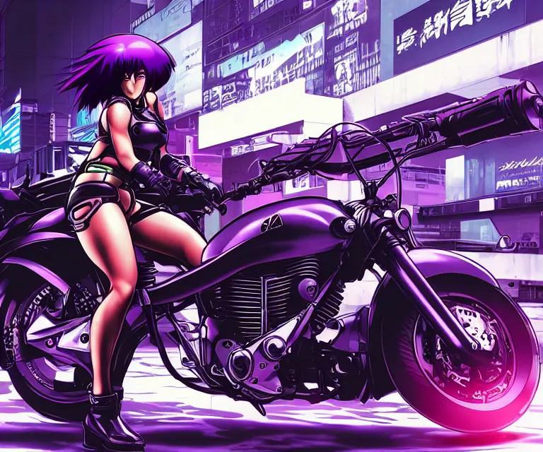 Image similar to motoko kusanagi riding a cyberpunk vehicle in a grungy cyberpunk megacity, bosozoku gang war, cyberpunk vaporwave, by phil jimenez, artgerm, sola digital arts, anti aliasing, raytracing