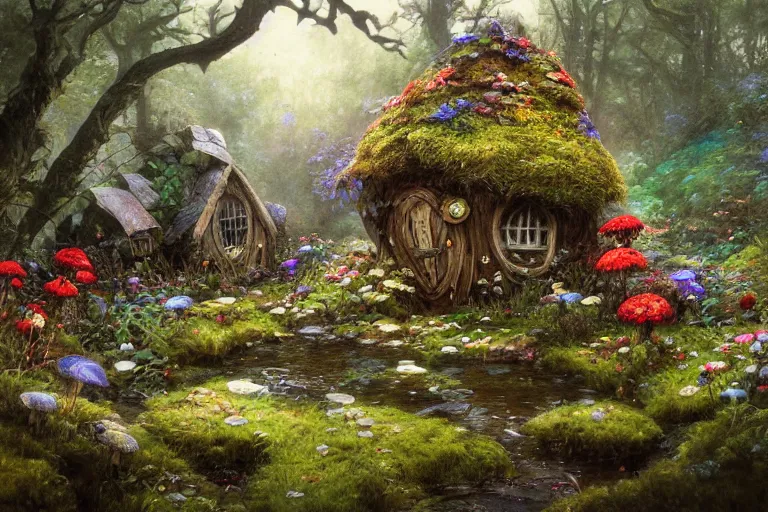 Image similar to wide angle view, a beautiful digital painting of a fairy house by a stream made of rocks and mushrooms, flowers, beautiful tranquil day, by greg rutkowski, brian froud, marc simonetti, jean - baptiste monge, and alphonse mucha, symmetry, complementary colors, ink illustration, trending on artstation