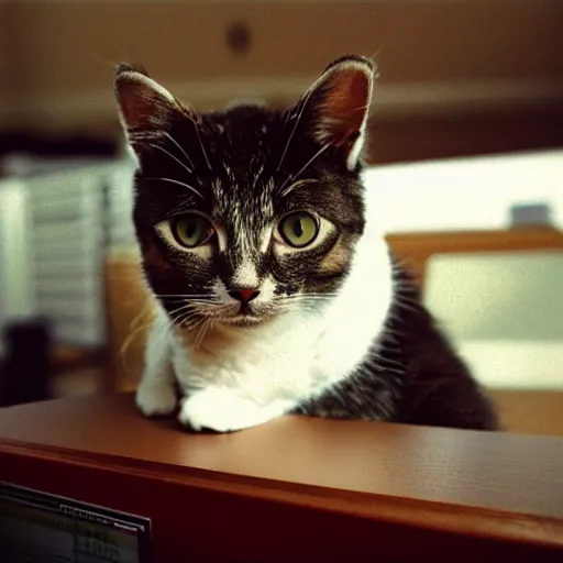 Prompt: cute cat wearing business suit on an office, kodak portra 4 0 0 color negative film