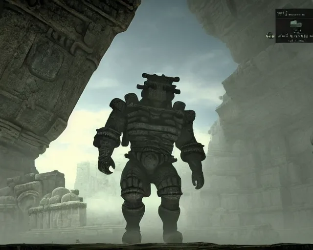 Image similar to big chungus in shadow of the colossus, as a colossus, screenshot