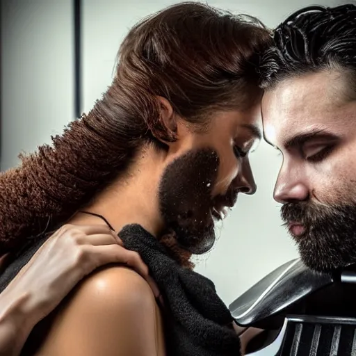 Image similar to 5 foot 1 0 fit man with short black beard and medium black well styled hair and a 5 foot 7 woman woman with long strawberry blonde hair with curly tendrils surrounding the face being captured by stormtroopers, highly detailed, high definition, ultra realistic