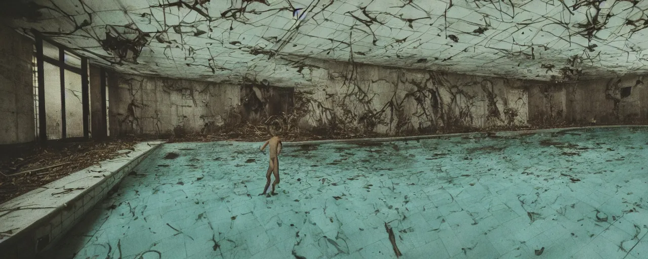 Image similar to an ultra wide colour 3 5 mm film photo of a terrifying reptile humanoid creature, lurking, waiting, hiding, in an abandoned shady public swimming pool, liminal spaces, ritual occult gathering, film grain