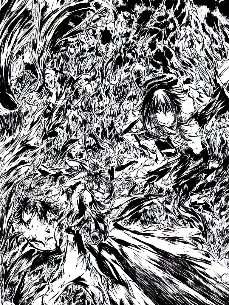Image similar to field on fire, demons attacking humans, black and white, manga