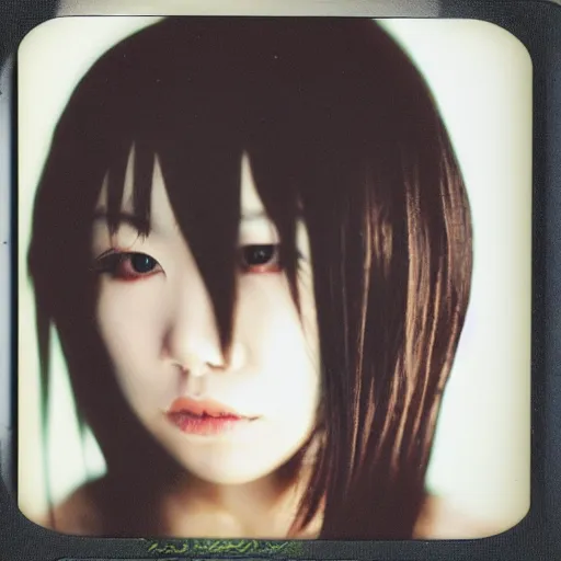 Prompt: atmospheric upper body polaroid photograph of female japanese model in emo makeup, long hair, fringe