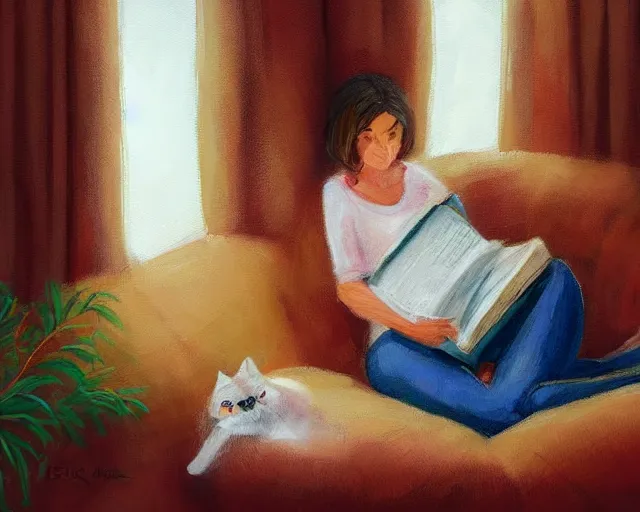 Prompt: a beautiful warm fuzzy painting of a woman curled up with a blanket reading a good book next to her friendly cat who is purring with eyes closed. they are both sitting next to a window as the sun sets in winter, by eric wallis, trending on artstation, concept art, lofi, digital illustration