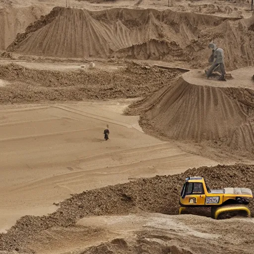 Image similar to in the distance, in the center of a large sandy quarry, a large golden ball lies in the sand, a broken excavator and a man in military uniform standing nearby, stylization is a grainy photo, high quality, depth of sharpness, emphasis and focus on the golden ball