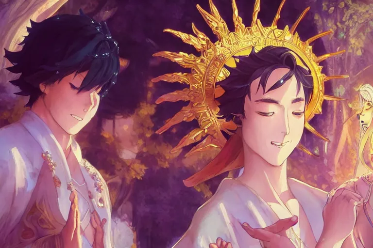 Image similar to close up moment of a divine a japan sun god and a moon goddess lovers magician at a wedding banquet, highly detailed, d & d, fantasy, 4 k realistic, digital painting, trending on artstation, concept art, sharp focus, illustration, art by makoto shinkai and akihiko yoshida and daniel gerhartz