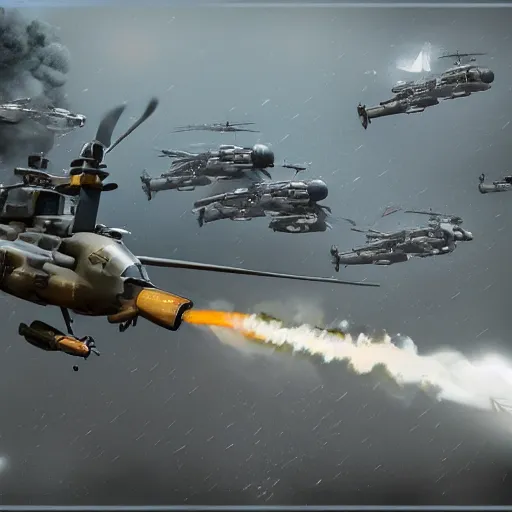 Image similar to !dream big battle helicopters flying firing missiles heavy firing artilery shells flying award winning, trending on artstation, unreal engine