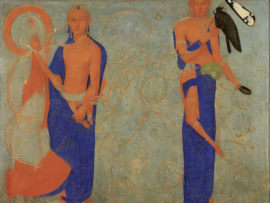 Image similar to Portrait of a Tantric deity with giant white ermine moth. Lapis Lazuli, malachite, cinnabar. Painting by Piero della Francesca, Agnes Pelton