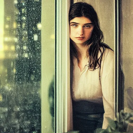 Prompt: eve hewson looking out a window on a rainy night, nighttime!, raining!!, city light reflections