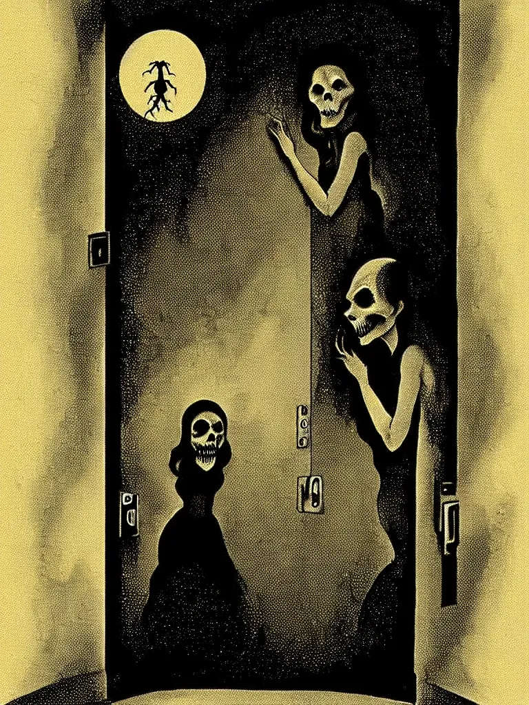 Prompt: Full Color Vintage Horror Illustration of a Woman Scared Looking in Door at Creature at night. Glowing , Spooky lighting , Pinterest