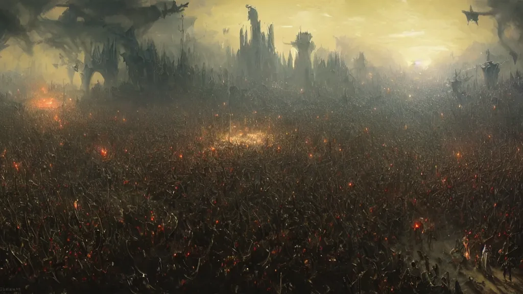 Prompt: Painting by Greg Rutkowski, hundreds of beautiful knights in shining armor beating thousands of fleeing orcs and zombies in the foreground, dramatic multicolor lighting