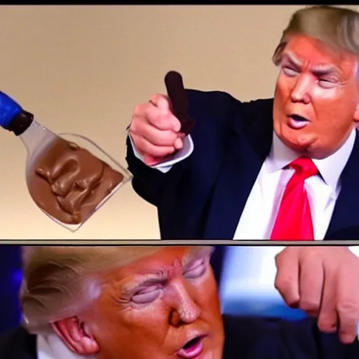 Image similar to donald j. trump spraying chocolate pudding from his mouth onto liberals