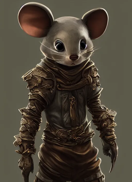 Image similar to full body concept, very fine art oil painting of a cute and sneaky D&D style anthropomorphic mouse hooded thief with a very beautiful face wearing full intricate clothing, ultra detailed, octane render, 4K, dystopian, micro details