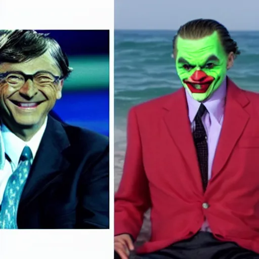 Image similar to surfing bill gates as mr. bean as the joker from batman, surfing still from batman vs bean at the beach, 2 0 2 0