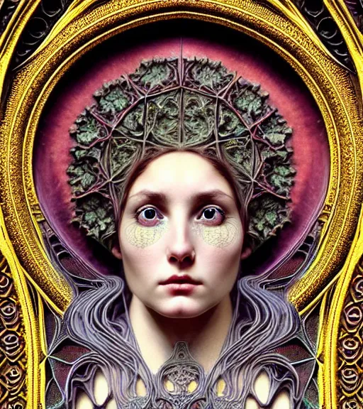 Image similar to hyperrealistic detailed face portrait of a beautiful young goddess morphing into a gothic cathedral, authentic ornamental architecture, intricate and highly detailed, awe inspiring art by ernst haeckel, h. r. giger, alphonso mucha, android jones, james jean, gothic, neo - gothic, heavily ornamental, nice deep colours,