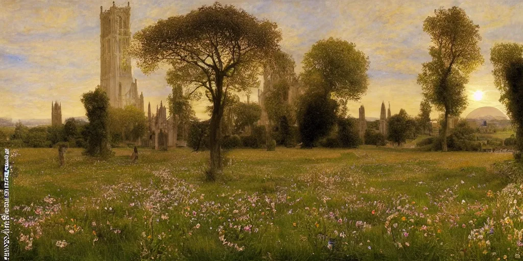 Image similar to a cathedral made of marble within a wildflower meadow at dawn, droste effect, in the style of alma tadema