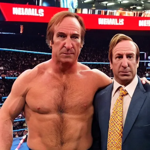 Prompt: Saul Goodman and Talking Ben in WWE Wrestlemania