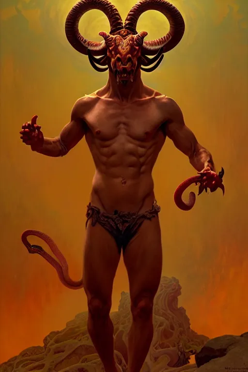 Prompt: portrait of a beautiful young fit male demon with ram horns, scaly snake like body, hellish scene, by greg rutkowski and alphonse mucha, d & d character, gradient red to yellow, in front of an hellish landscape background, highly detailed portrait, digital painting, artstation, concept art, smooth, sharp focus ilustration, artstation hq