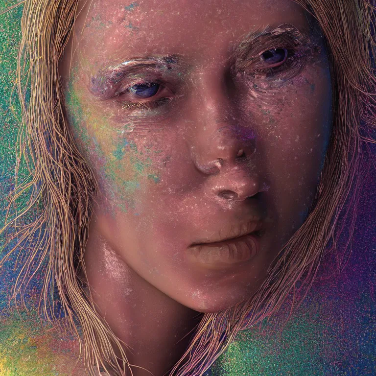 Image similar to octane render portrait by wayne barlow and carlo crivelli and glenn fabry, the face of a beautiful woman surrounded by waves of tie - dye colored shiny reflective liquid metal, cinema 4 d, ray traced lighting, very short depth of field, bokeh